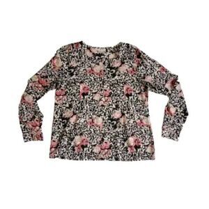 5/$25 EUC Sz L Floral Print Black Blush Pink Long Sleeve Tunic Blouse
